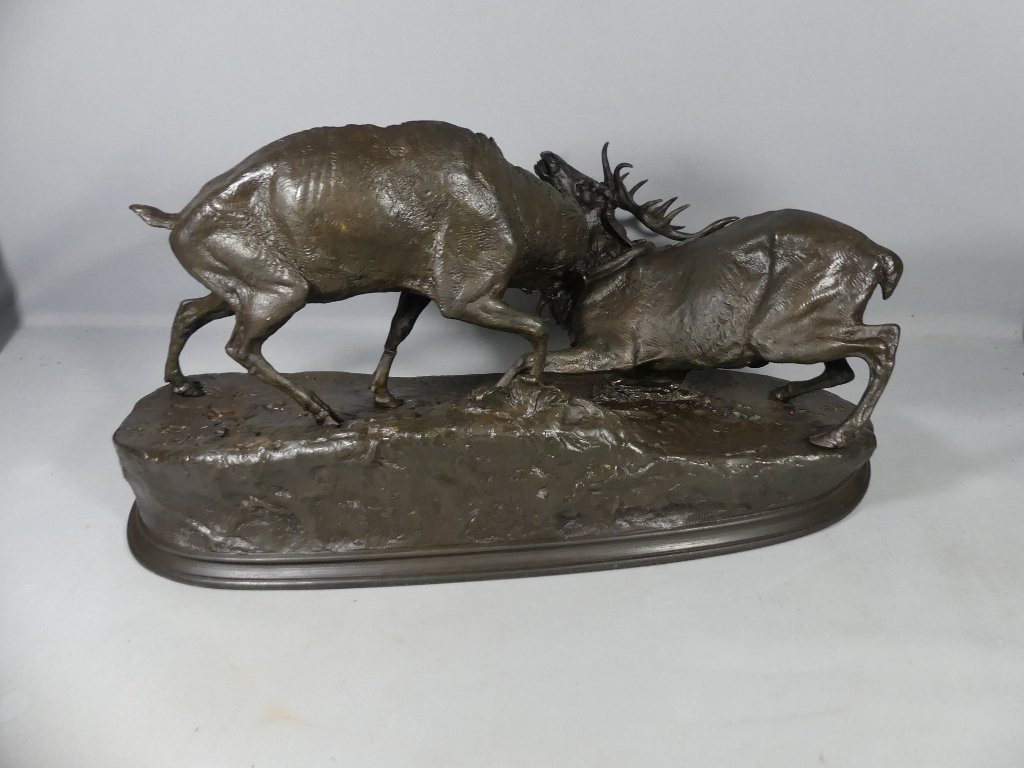 Fighting Deer After Pj Mene, Large Bronze Group With Brown Patina, Early 20th Century-photo-4