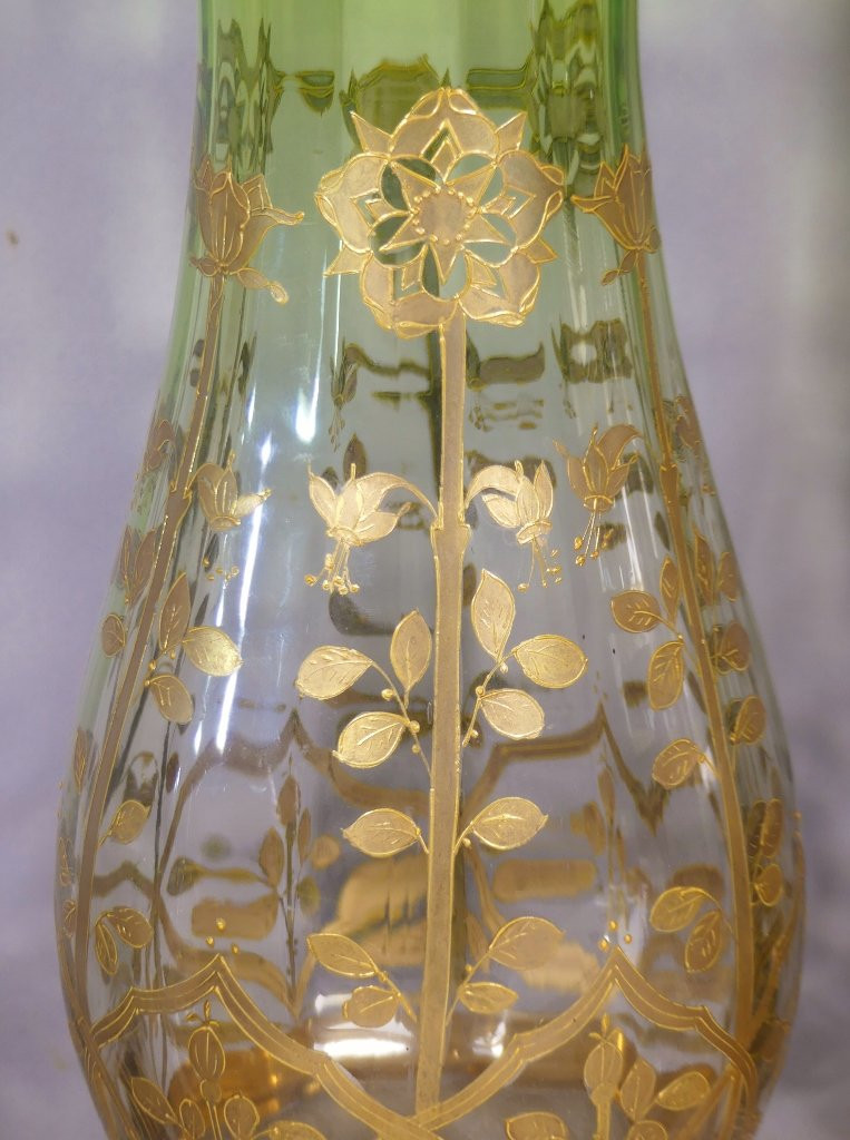 Moser à Karlsbad, Paire De Grands Vases En Cristal Vert à Décor Incrusté d'Or, époque Fin XIX è-photo-4