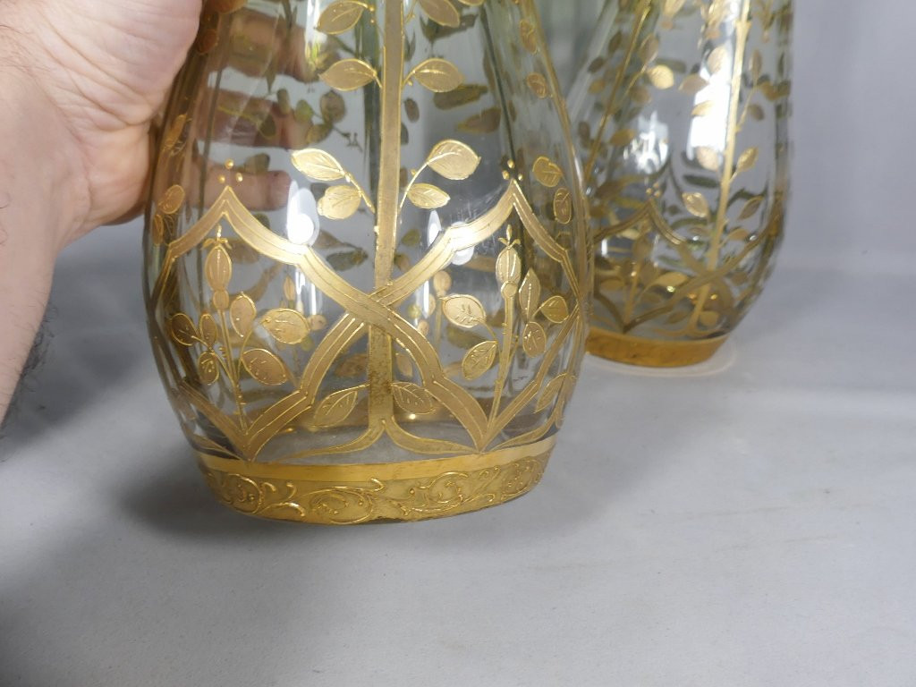 Moser à Karlsbad, Paire De Grands Vases En Cristal Vert à Décor Incrusté d'Or, époque Fin XIX è-photo-4