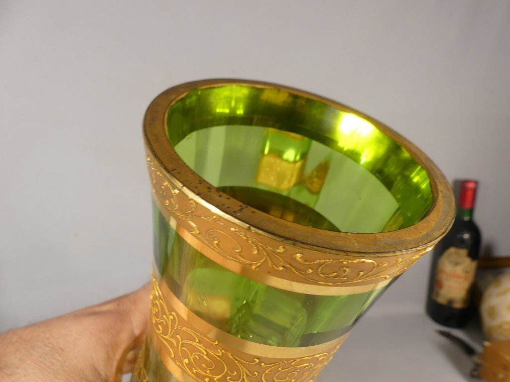 Moser à Karlsbad, Paire De Grands Vases En Cristal Vert à Décor Incrusté d'Or, époque Fin XIX è-photo-7