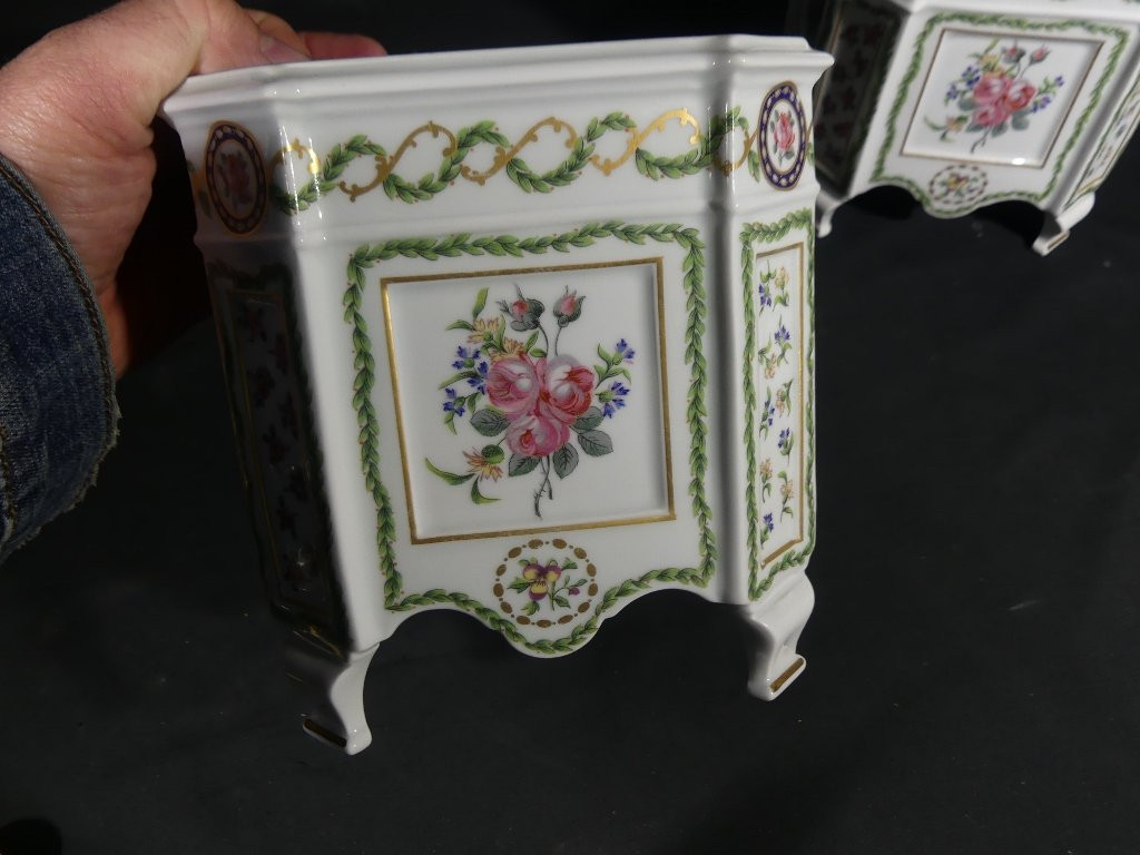 Haviland Louveciennes, paire de caches pot ou caisses &agrave; fleurs en porcelaine de Limoges-photo-3