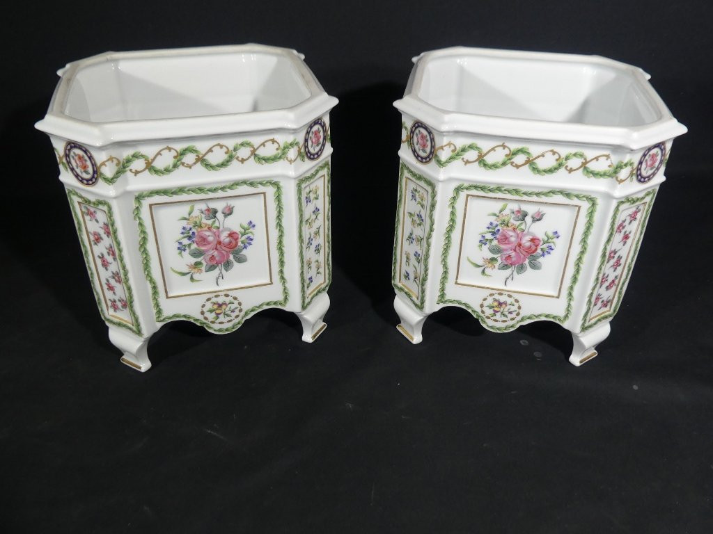 Haviland Louveciennes, paire de caches pot ou caisses &agrave; fleurs en porcelaine de Limoges-photo-4