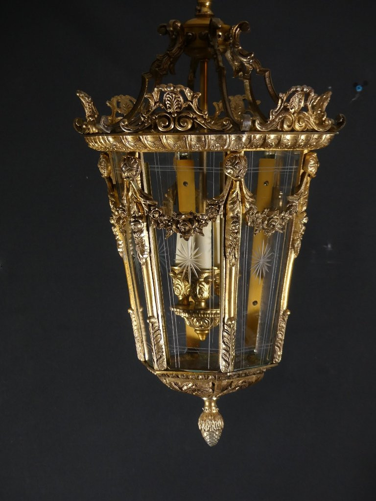 Louis XV Style Entrance Or Hallway Lantern In Bronze And Engraved Glass, 1960s Period-photo-2