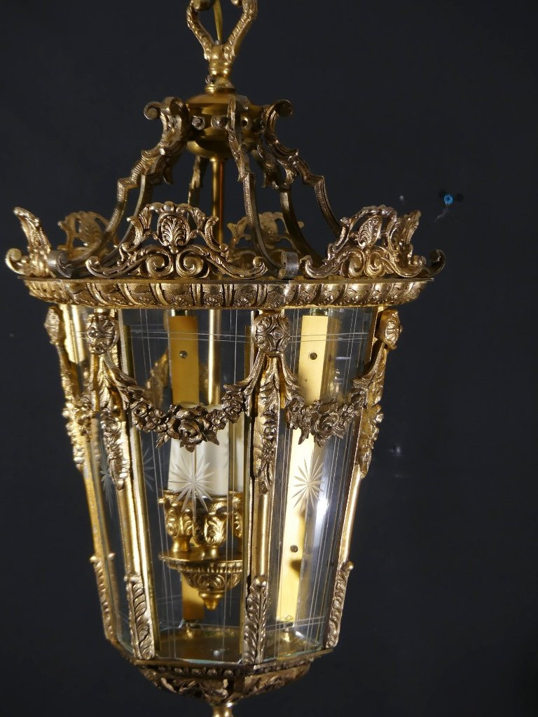 Louis XV Style Entrance Or Hallway Lantern In Bronze And Engraved Glass, 1960s Period-photo-3