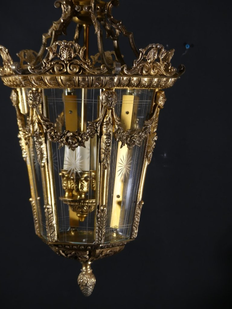 Louis XV Style Entrance Or Hallway Lantern In Bronze And Engraved Glass, 1960s Period-photo-4