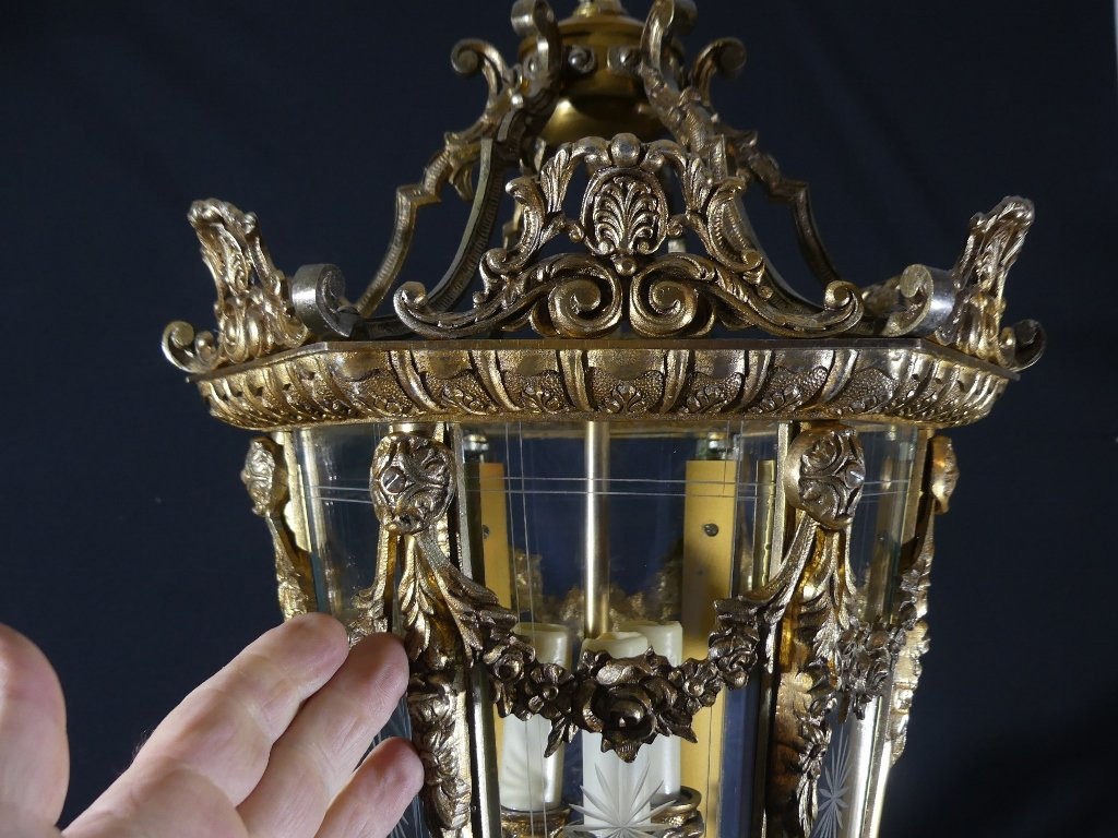 Louis XV Style Entrance Or Hallway Lantern In Bronze And Engraved Glass, 1960s Period-photo-2