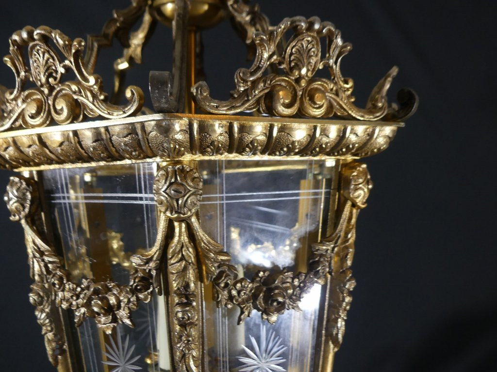 Louis XV Style Entrance Or Hallway Lantern In Bronze And Engraved Glass, 1960s Period-photo-5