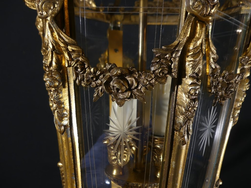 Louis XV Style Entrance Or Hallway Lantern In Bronze And Engraved Glass, 1960s Period-photo-7