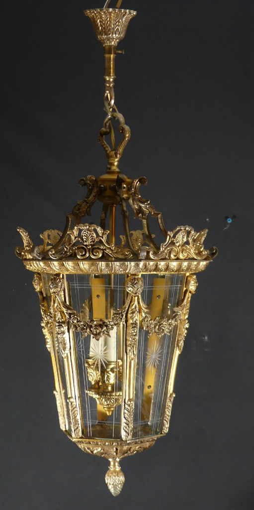 Louis XV Style Entrance Or Hallway Lantern In Bronze And Engraved Glass, 1960s Period