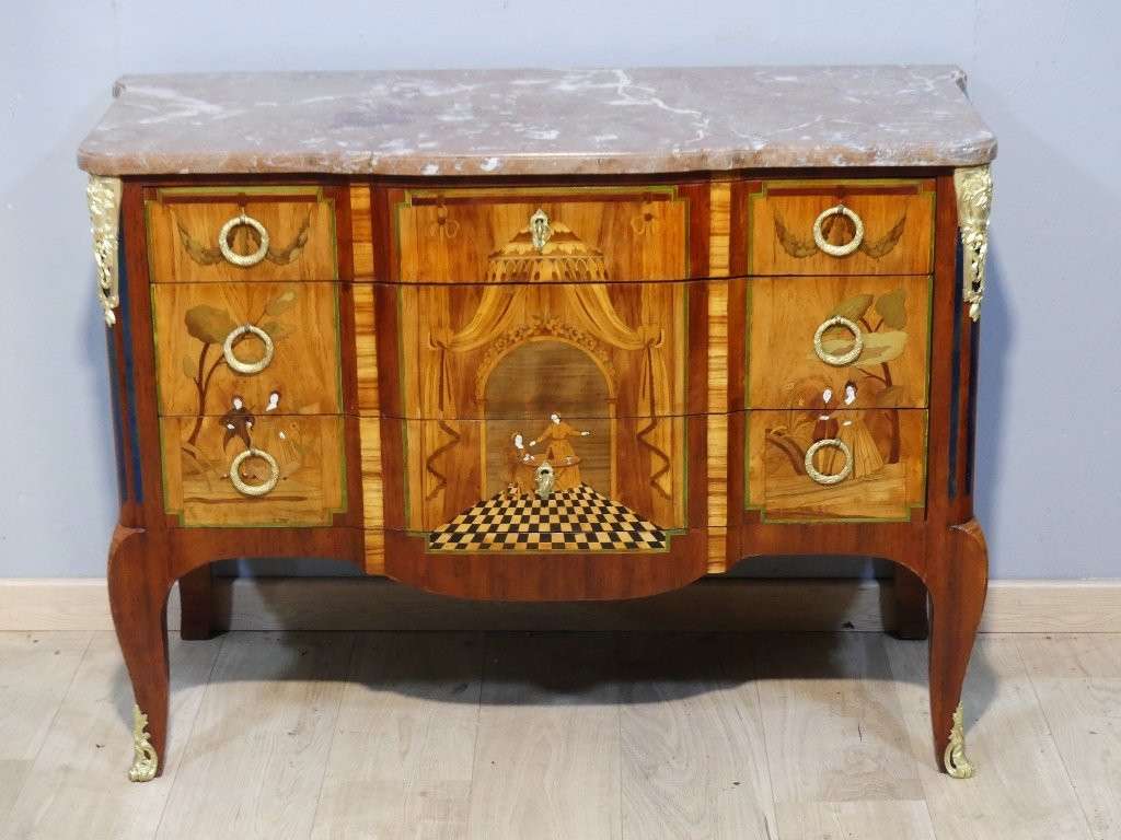 Transitional Chest Of Drawers In Marquetry With Theater And Character Decor, 19th Century-photo-2