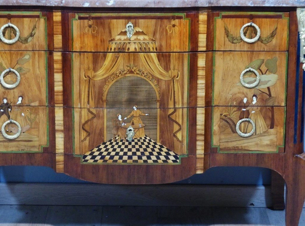 Transitional Chest Of Drawers In Marquetry With Theater And Character Decor, 19th Century-photo-3