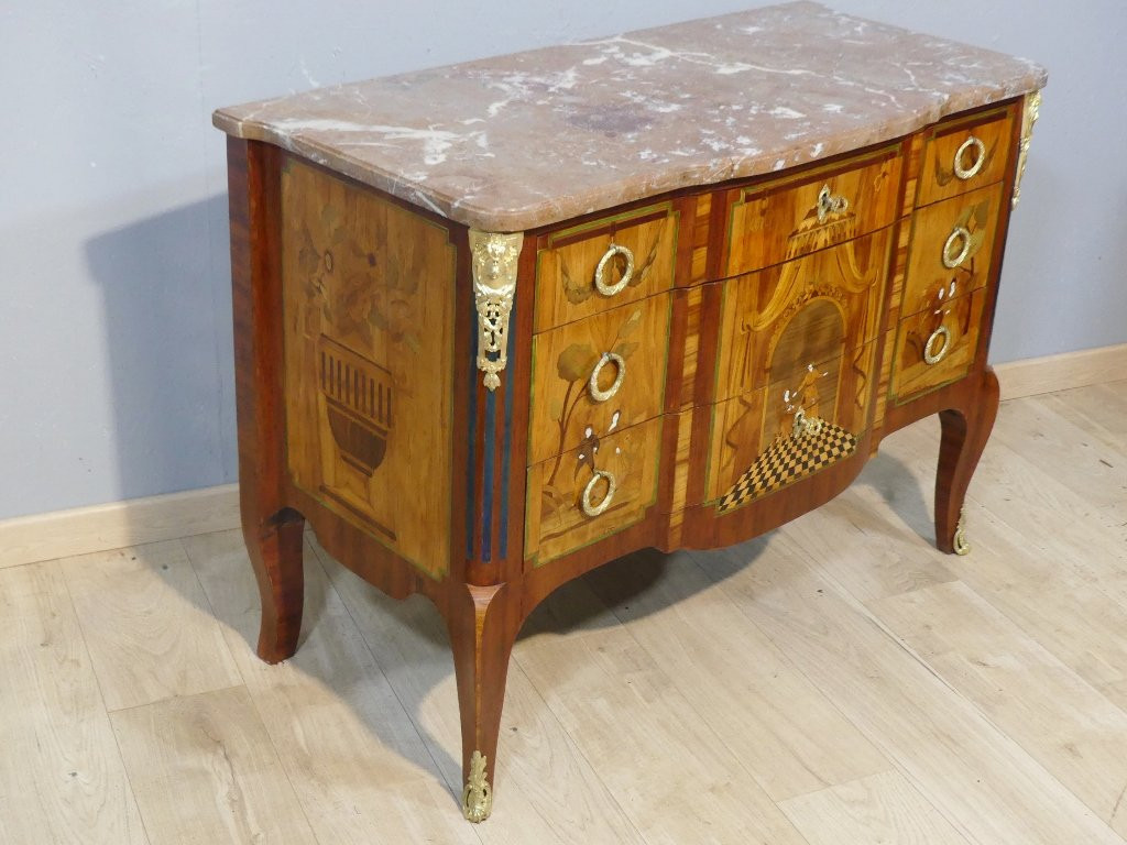 Transitional Chest Of Drawers In Marquetry With Theater And Character Decor, 19th Century-photo-4