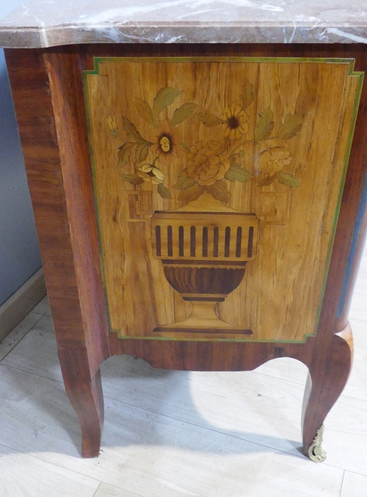 Transitional Chest Of Drawers In Marquetry With Theater And Character Decor, 19th Century-photo-1