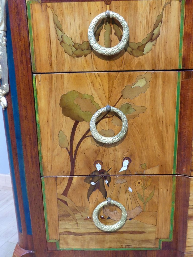 Transitional Chest Of Drawers In Marquetry With Theater And Character Decor, 19th Century-photo-3