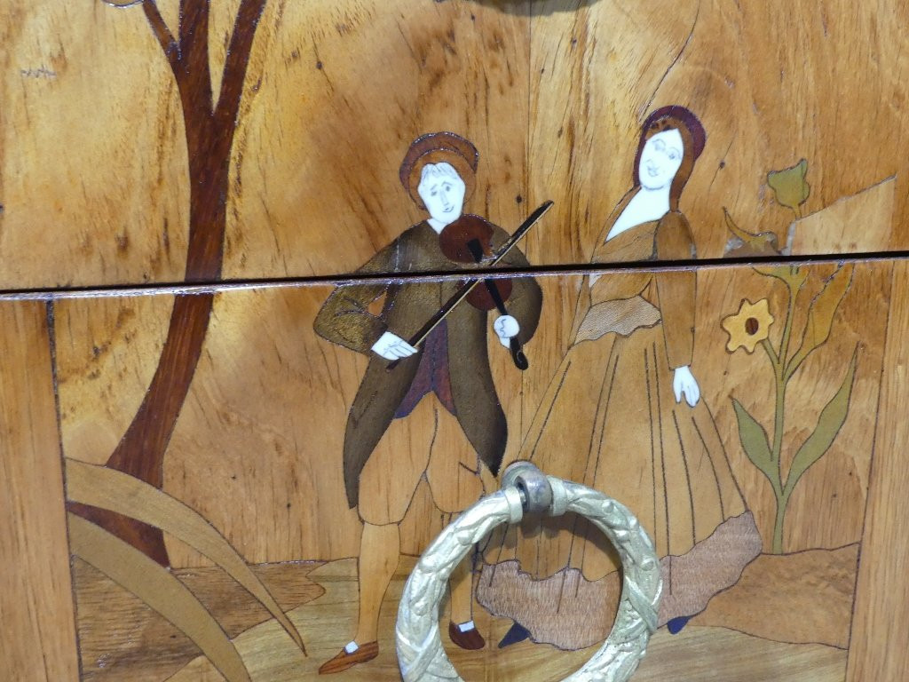 Transitional Chest Of Drawers In Marquetry With Theater And Character Decor, 19th Century-photo-4