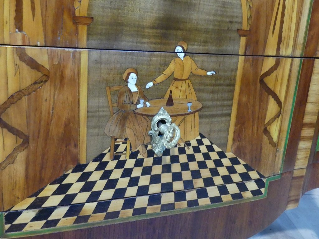 Transitional Chest Of Drawers In Marquetry With Theater And Character Decor, 19th Century-photo-5