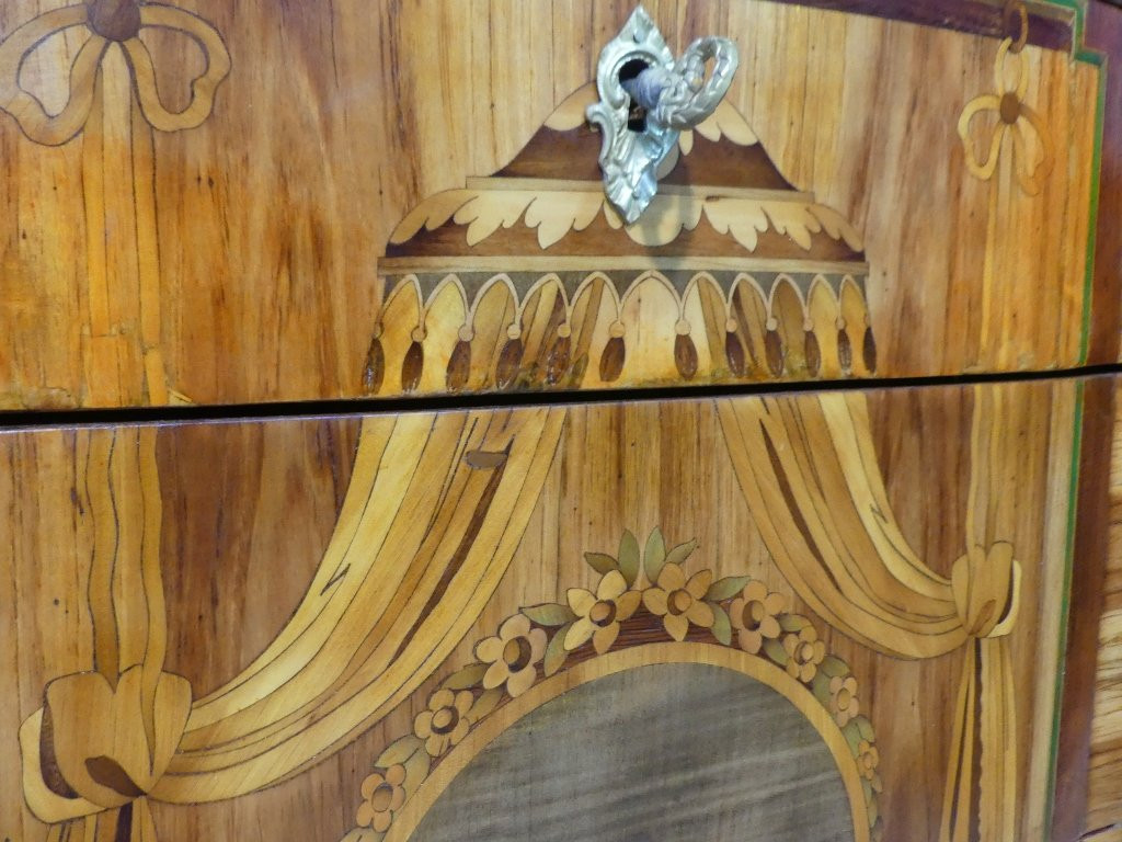 Transitional Chest Of Drawers In Marquetry With Theater And Character Decor, 19th Century-photo-6