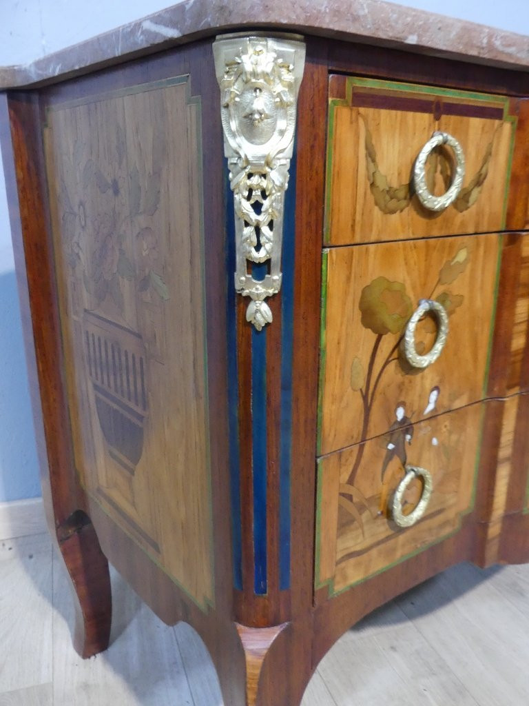 Transitional Chest Of Drawers In Marquetry With Theater And Character Decor, 19th Century-photo-7
