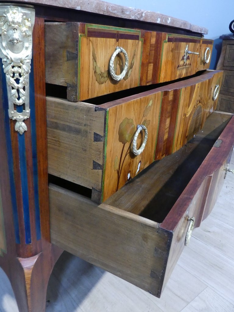 Transitional Chest Of Drawers In Marquetry With Theater And Character Decor, 19th Century-photo-8