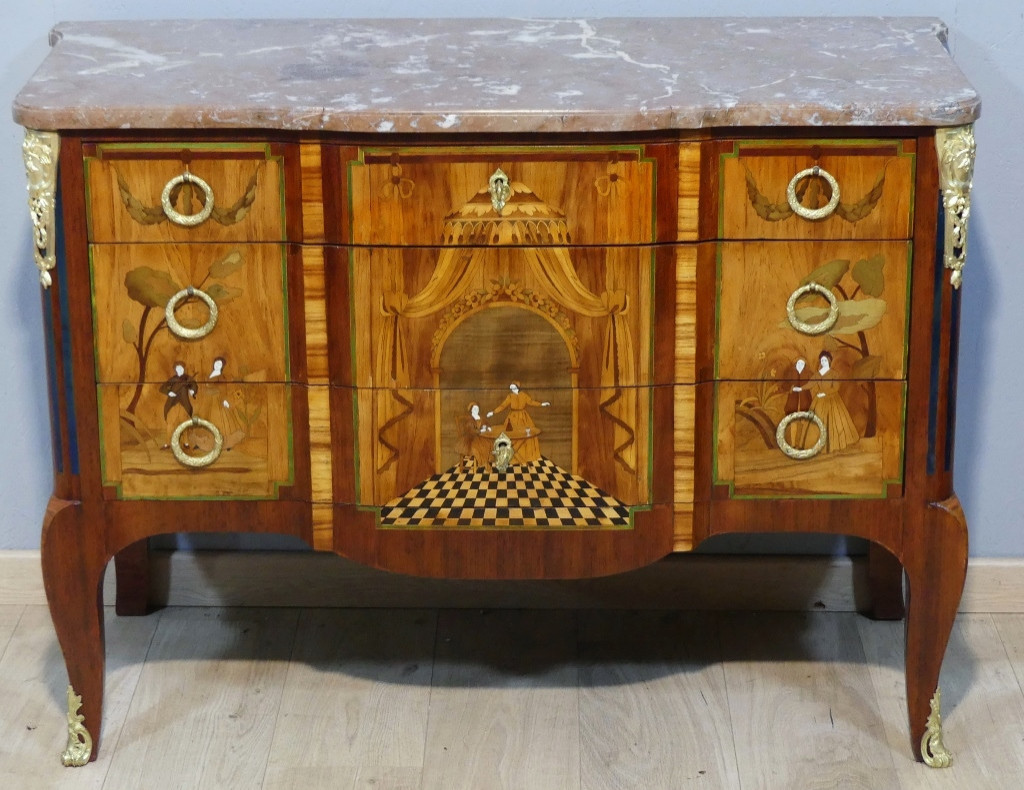 Transitional Chest Of Drawers In Marquetry With Theater And Character Decor, 19th Century