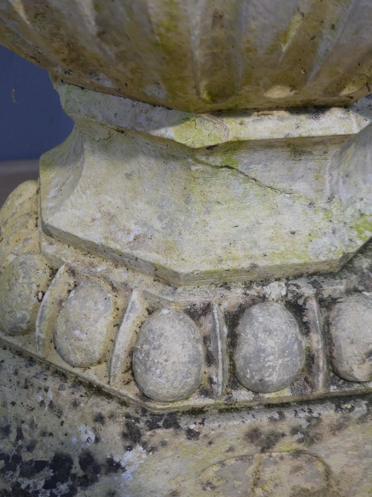 Vase de jardin en pierre blanche à godrons, jardinière, époque XIX ème-photo-4