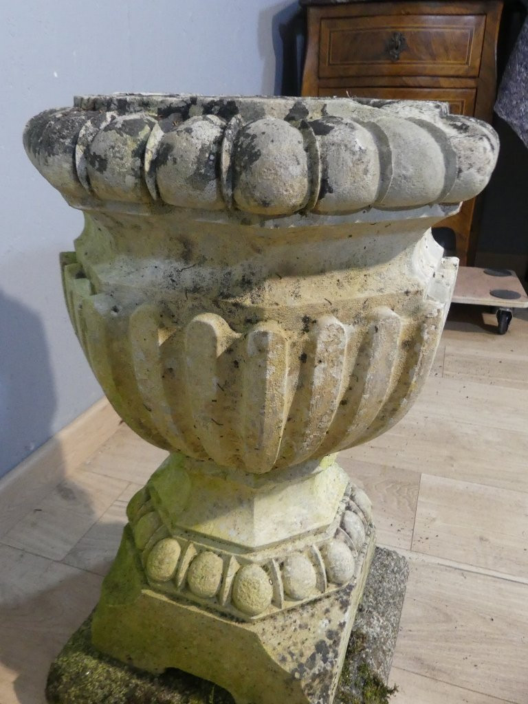 Vase de jardin en pierre blanche à godrons, jardinière, époque XIX ème-photo-6
