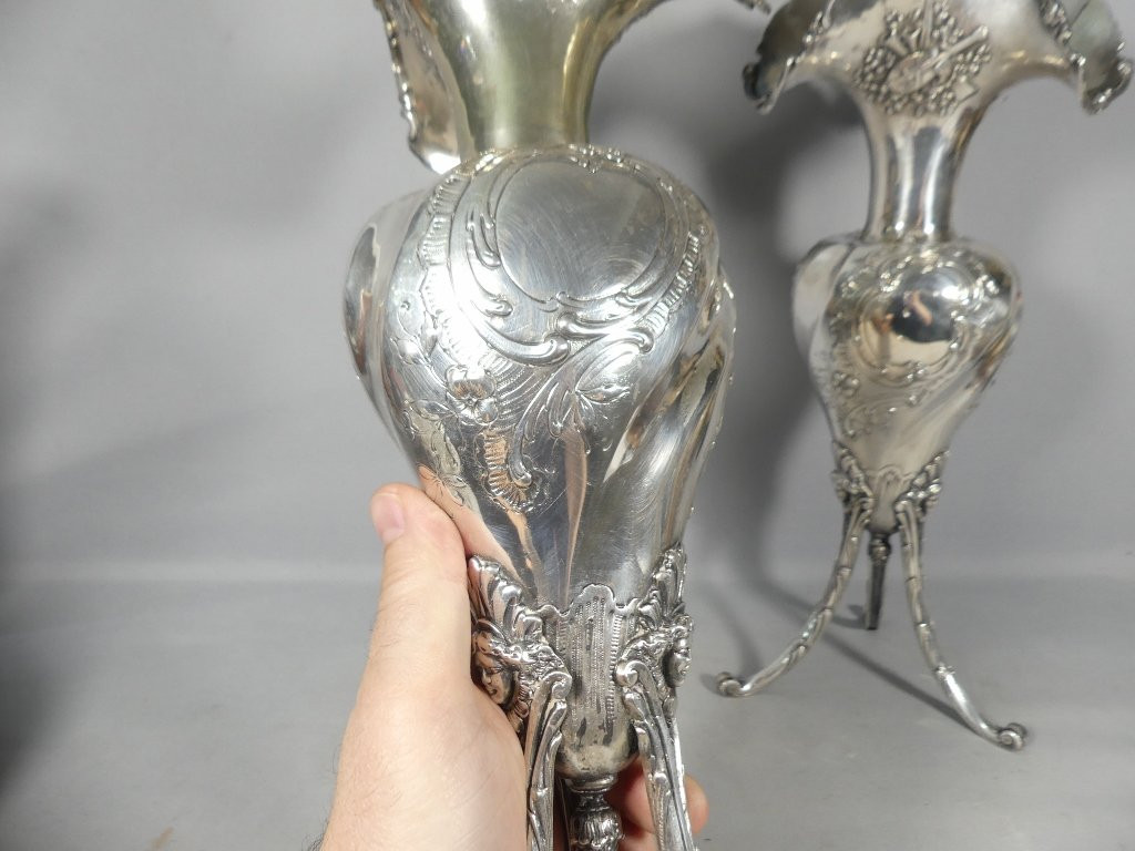 41.5 cm de haut! paire de grands vases en argent massif, 2.45 kg Belle époque 1900 Louis XVI-photo-1