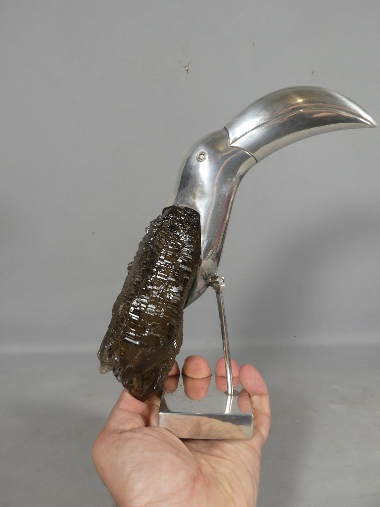 Toucan en argent massif et quartz fum&eacute;, Br&eacute;sil Design 1960 Grupo Gal-photo-4