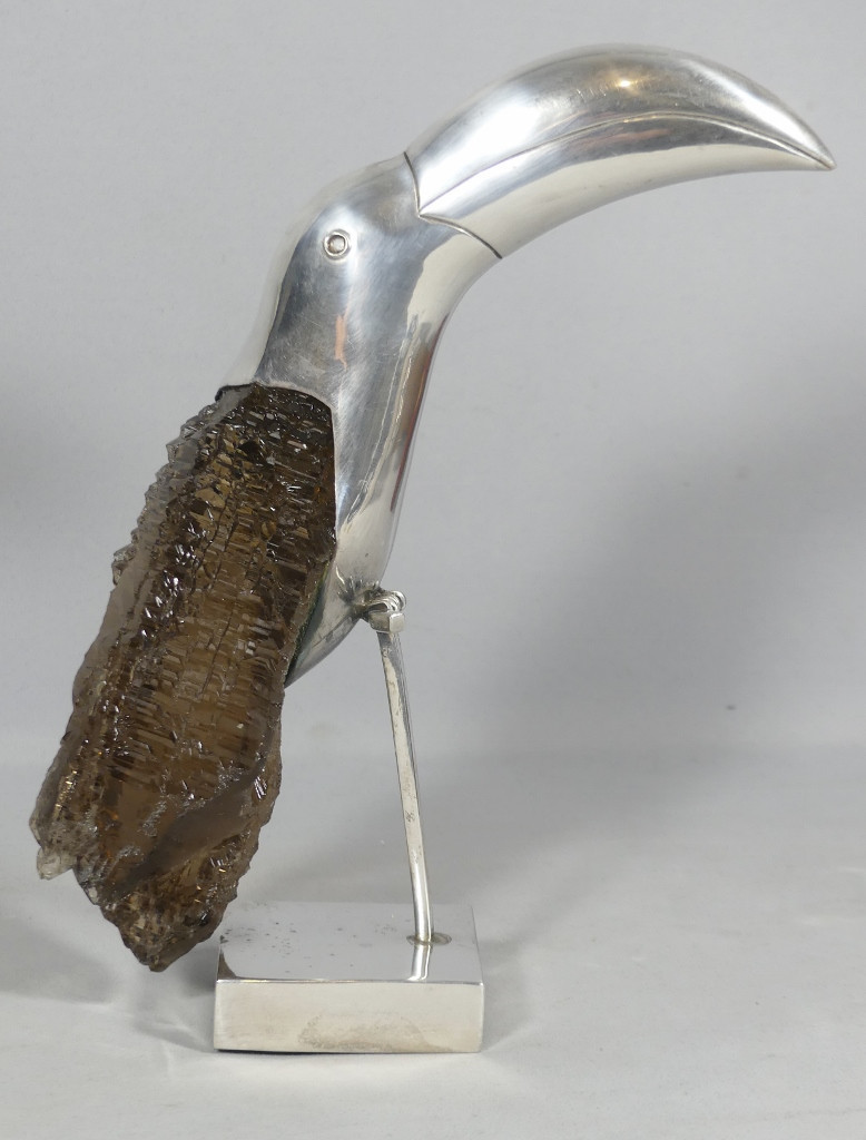 Toucan en argent massif et quartz fum&eacute;, Br&eacute;sil Design 1960 Grupo Gal