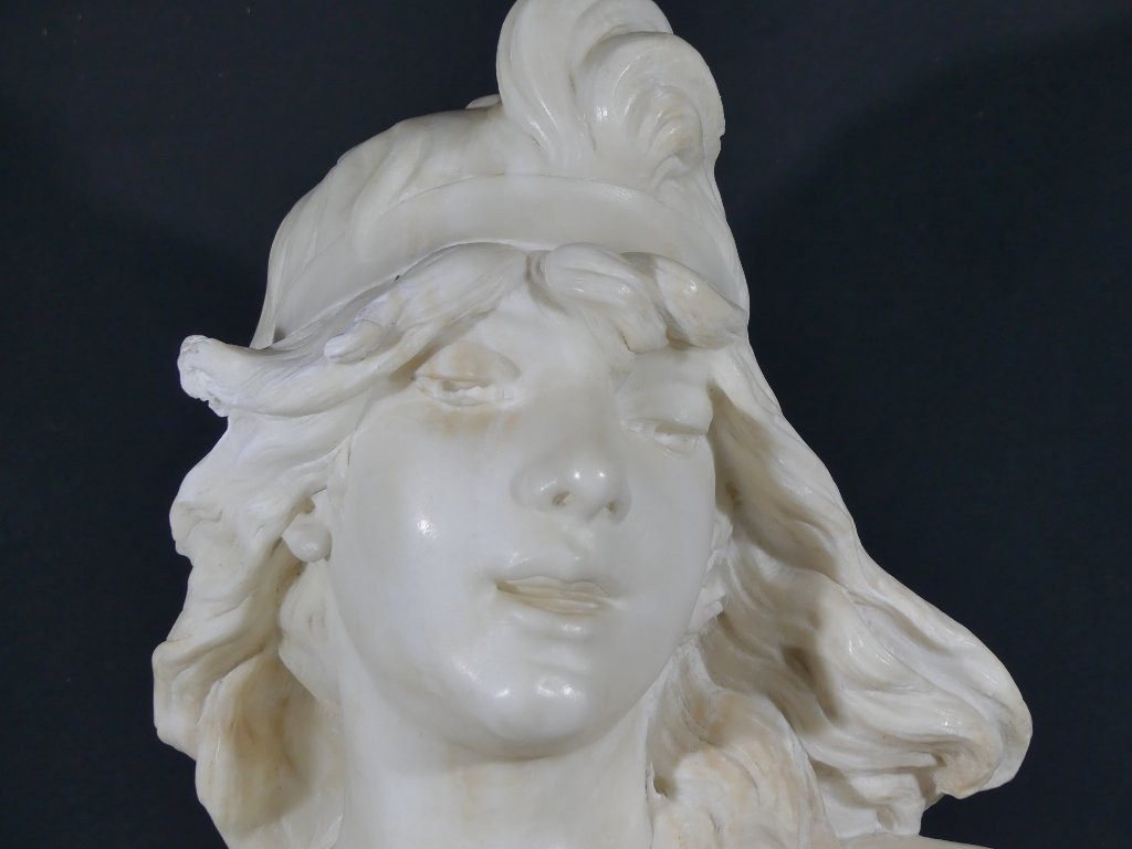 Elegy By Alfred Jean Foretay, White Marble Sculpture Of A Young Woman, Art Nouveau-photo-2