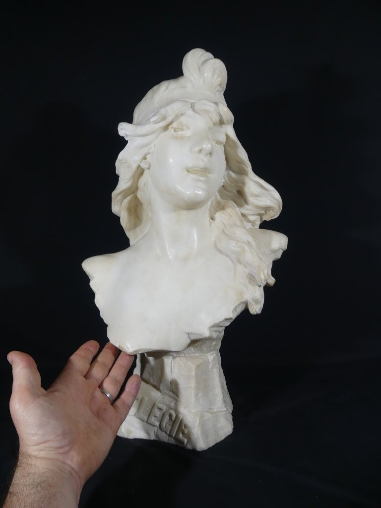 Elegy By Alfred Jean Foretay, White Marble Sculpture Of A Young Woman, Art Nouveau-photo-4