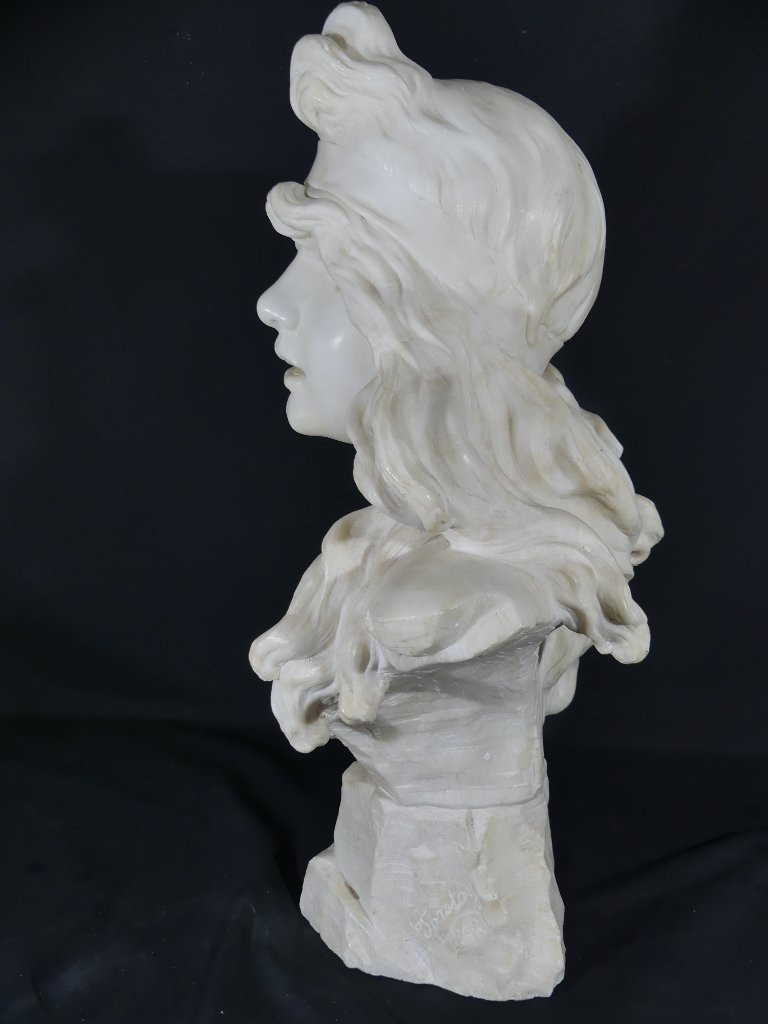 Elegy By Alfred Jean Foretay, White Marble Sculpture Of A Young Woman, Art Nouveau-photo-5