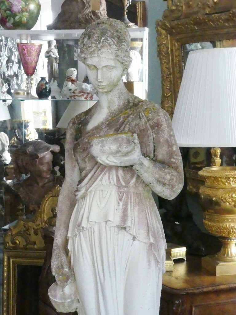 Hebe, Large Garden Sculpture In Cement Stone, Goddess, Early 20th Century-photo-2