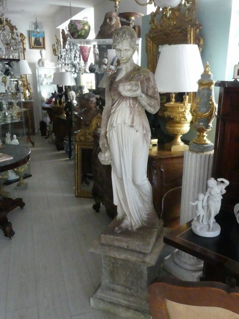 Hebe, Large Garden Sculpture In Cement Stone, Goddess, Early 20th Century-photo-3