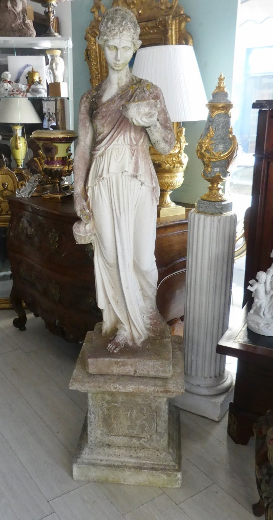 Hebe, Large Garden Sculpture In Cement Stone, Goddess, Early 20th Century
