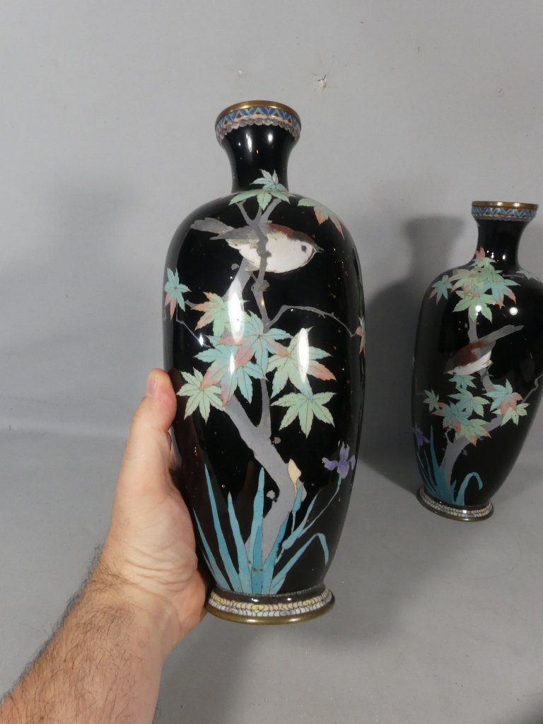 Paire de vases en émail cloisonné aux oiseaux et branchages, Japon, fin XIX ème-photo-4