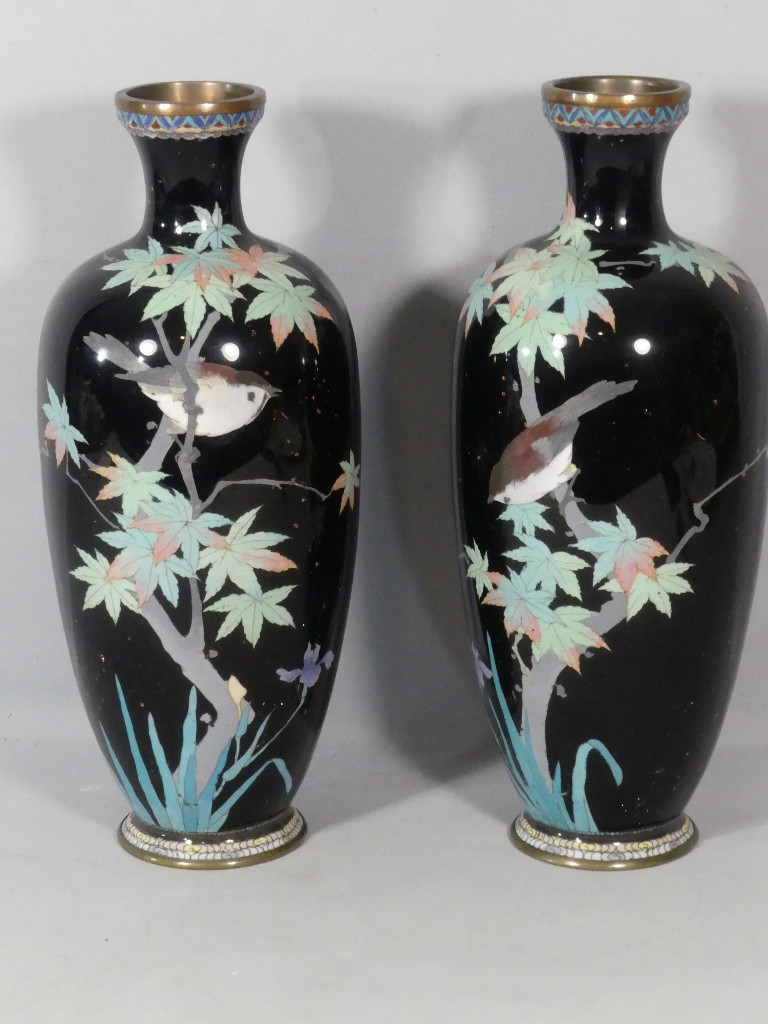 Paire de vases en émail cloisonné aux oiseaux et branchages, Japon, fin XIX ème
