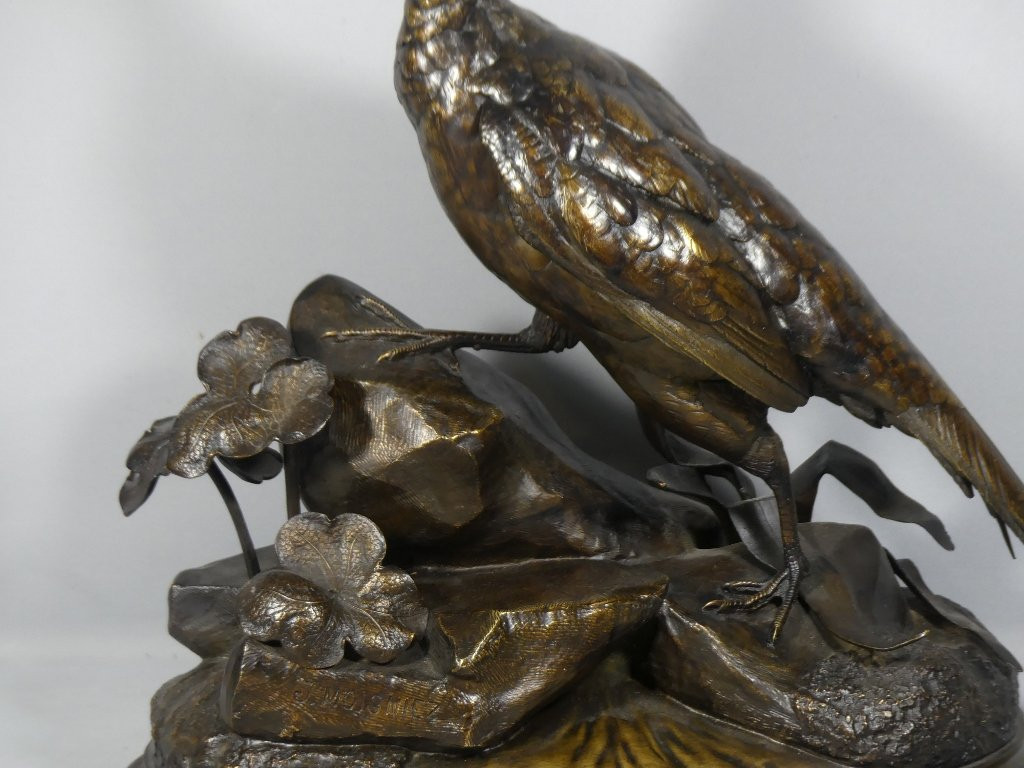 Jules Moigniez, Grand Bronze Animalier La Poule Faisane, Faisan, XIX ème-photo-3
