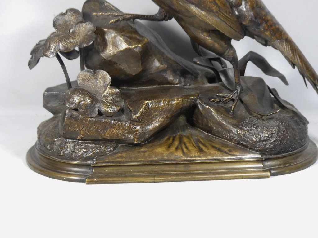 Jules Moigniez, Grand Bronze Animalier La Poule Faisane, Faisan, XIX ème-photo-4