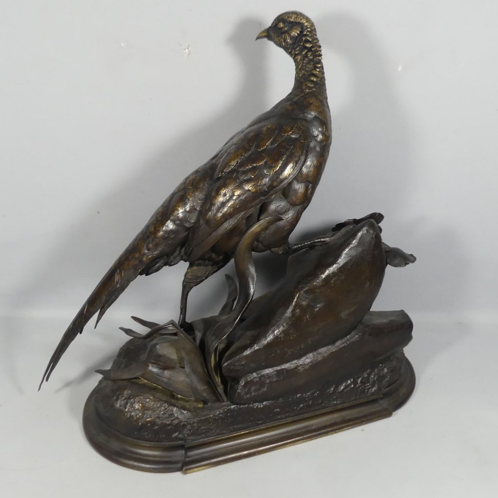 Jules Moigniez, Grand Bronze Animalier La Poule Faisane, Faisan, XIX ème-photo-7