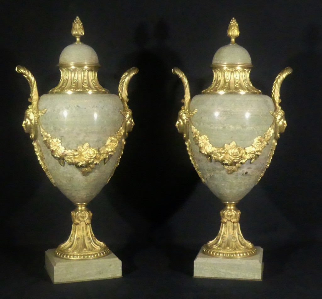 55 Cm, Paire De Cassolettes Style Louis XVI Marbre Vert Campan Et Bronze Doré, Napoléon III 