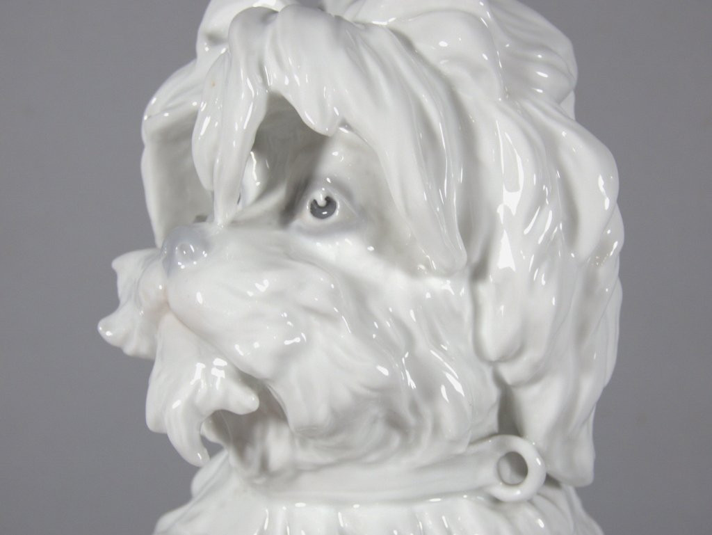 Chien Bichon frisé, statuette en porcelaine allemande Gebrüder Heubach marque bleue 1882-1915-photo-4