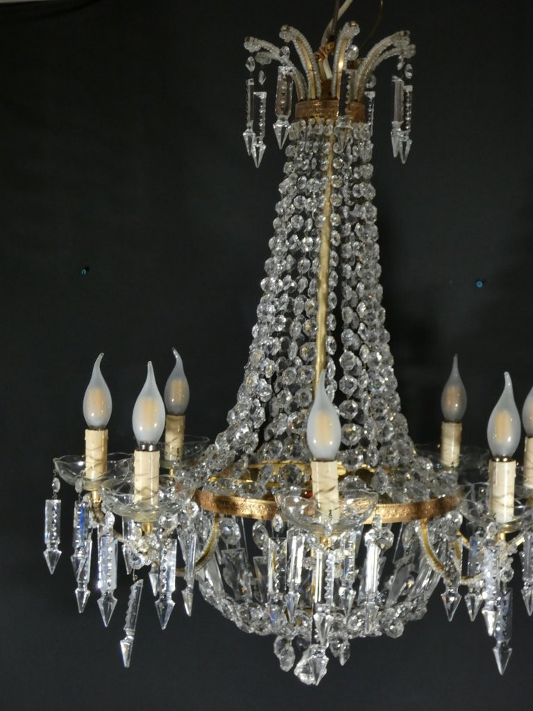 Hot Air Balloon Basket Chandelier In Brass, Glass And Crystal With 12 Lights, Mid-20th Century-photo-2
