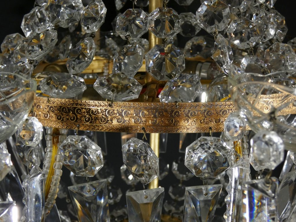Hot Air Balloon Basket Chandelier In Brass, Glass And Crystal With 12 Lights, Mid-20th Century-photo-1