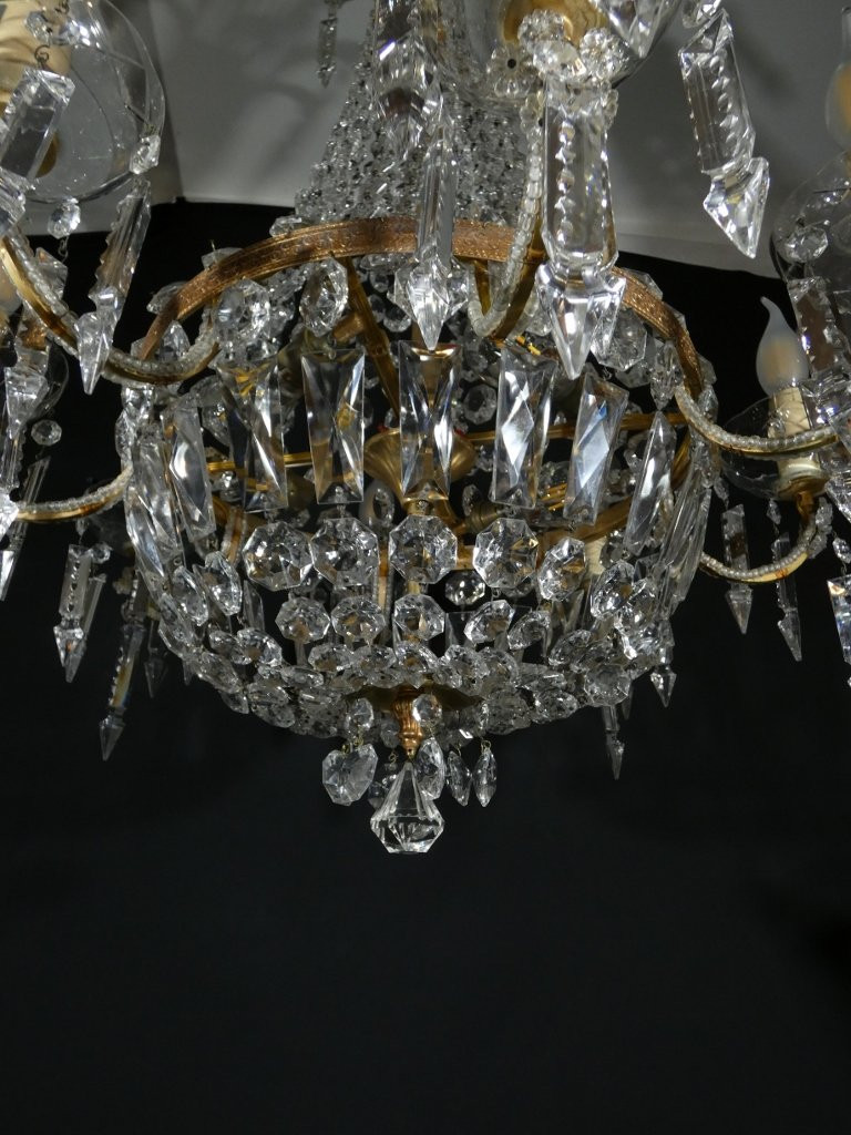 Hot Air Balloon Basket Chandelier In Brass, Glass And Crystal With 12 Lights, Mid-20th Century-photo-3