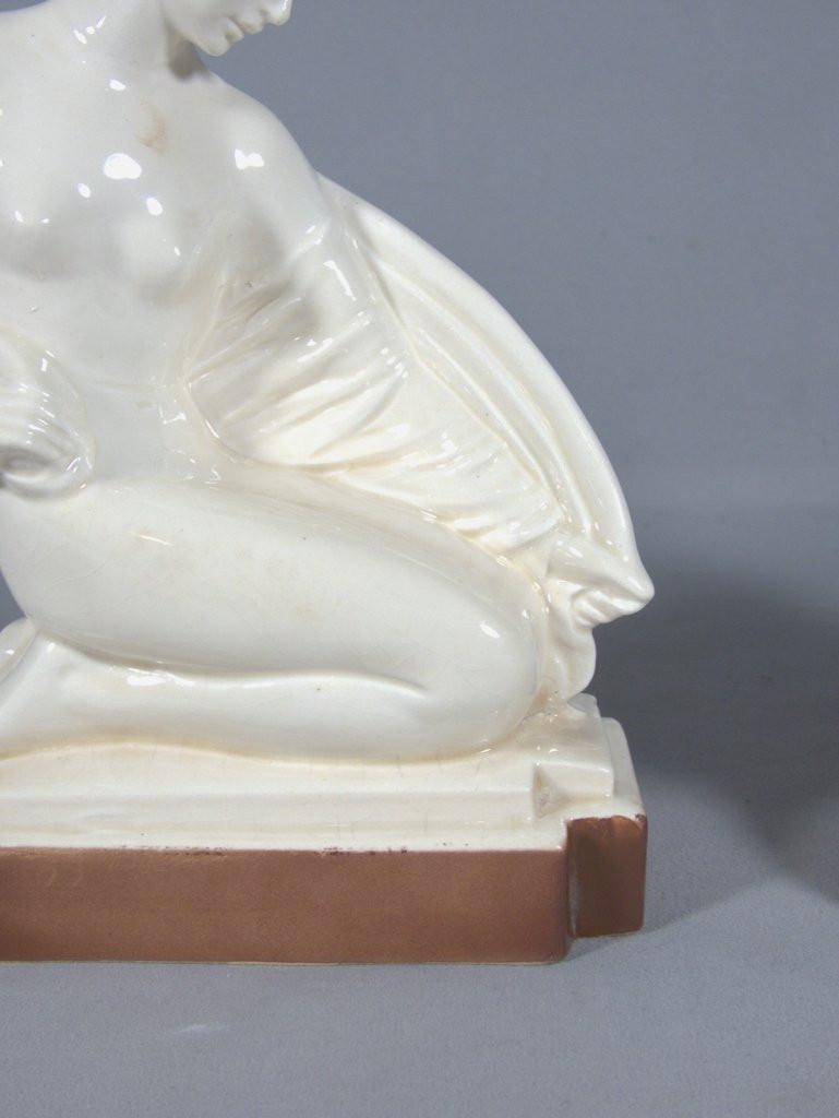Pair Of Art Deco Earthenware Statuettes Or Bookends Of Women, Circa 1930-photo-3