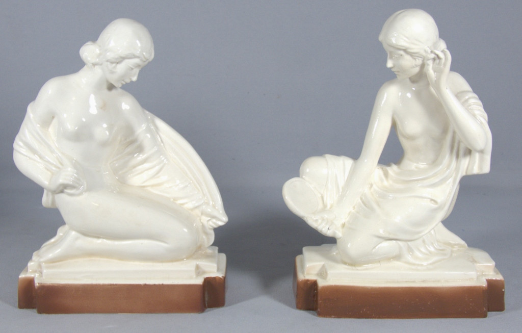 Pair Of Art Deco Earthenware Statuettes Or Bookends Of Women, Circa 1930