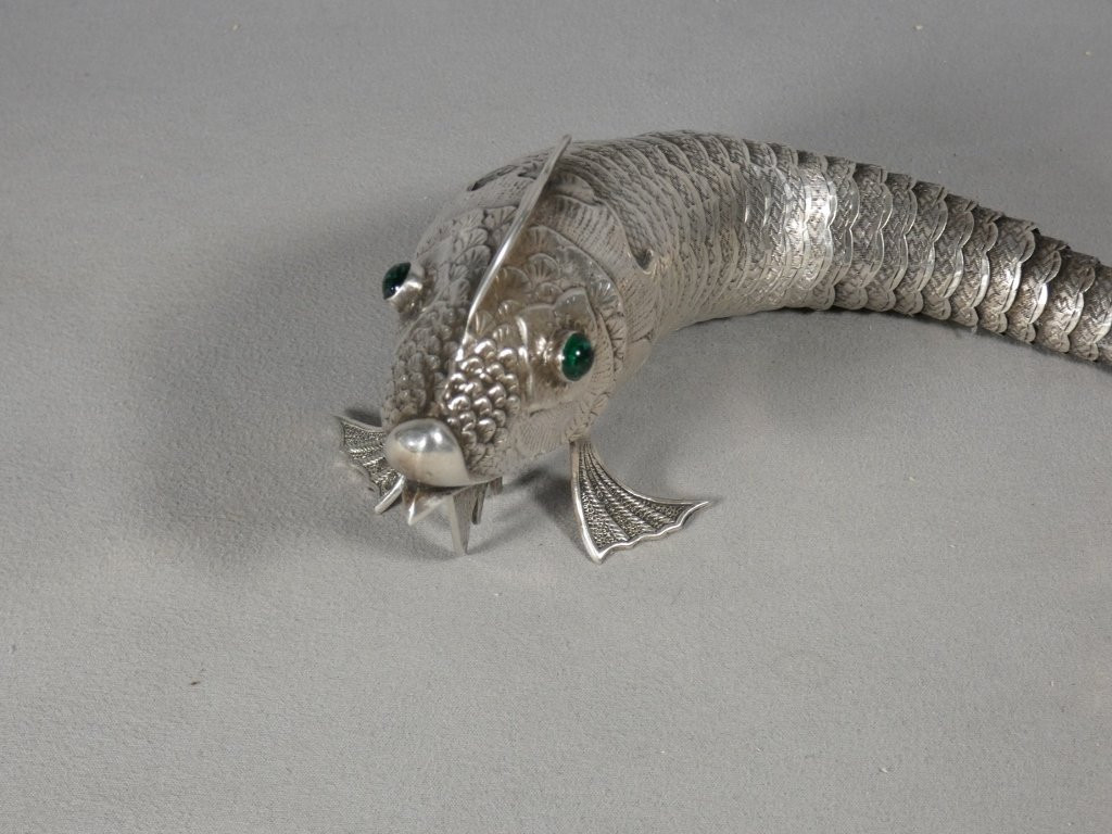 Poisson articulé en argent massif, yeux verre, Espagne, milieu XX ème-photo-2