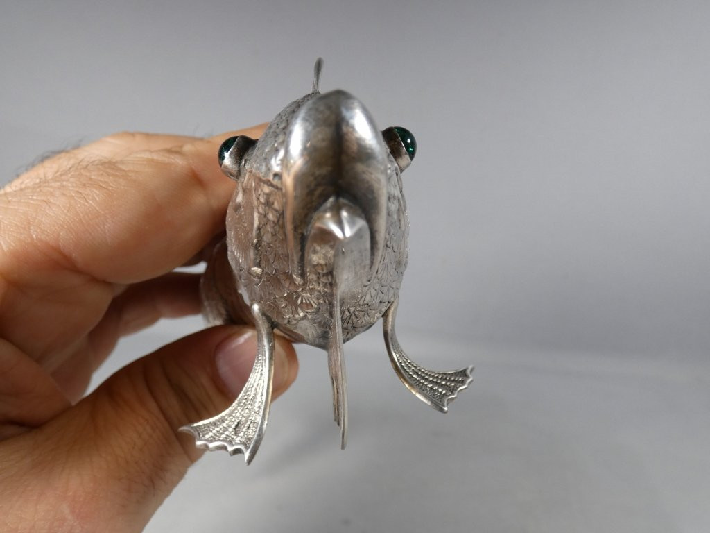 Poisson articulé en argent massif, yeux verre, Espagne, milieu XX ème-photo-6