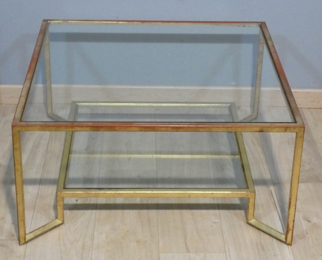 Table basse en fer doré à la feuille forme carré, deux plateaux verre, époque 1970-photo-2
